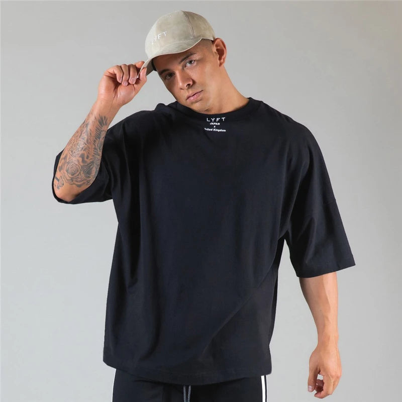 Men Printed Loose Cotton Short Sleeve T-shirt LYFT Summer Fashion Bodybuilding Fitness Tee Shirt Short-sleeved Comfortable Tops