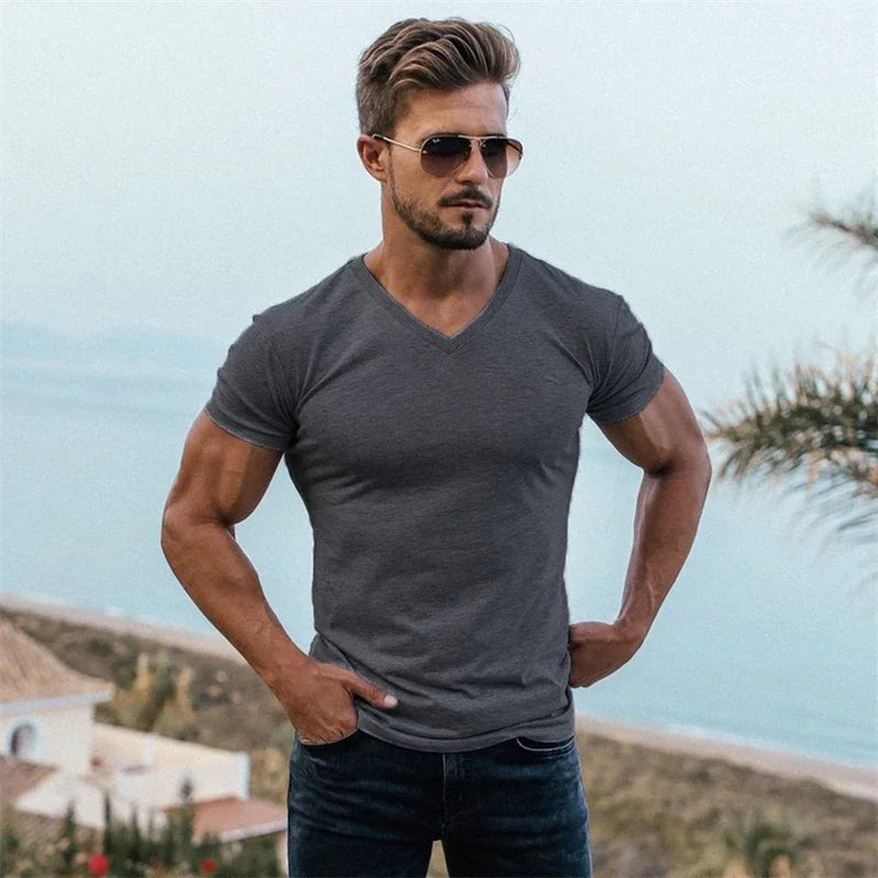 Gym T-shirt Men Fashion V Neck Short Sleeve Cotton Tshirt Slim Fit Sports Tee Shirt Bodybuilding Fitness Workout Summer Clothing