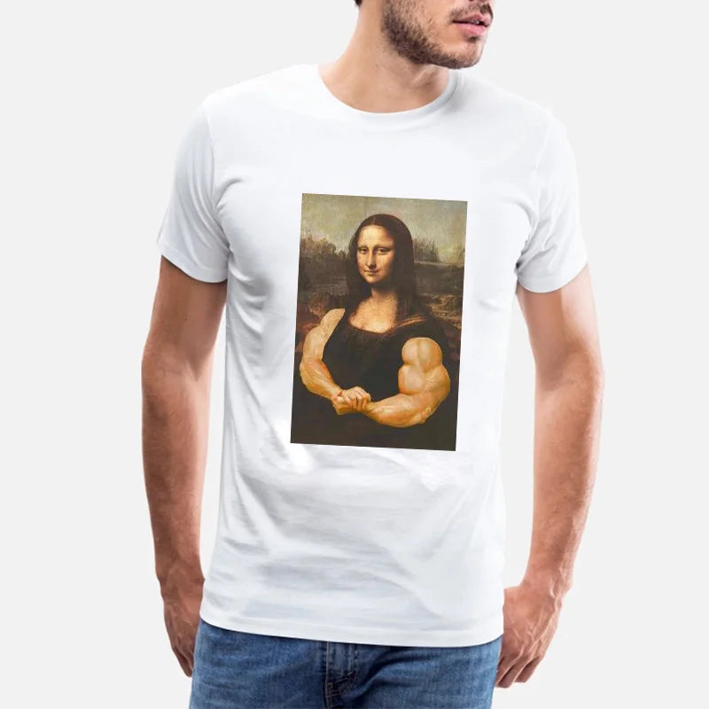 Funny Mona Lisa Bodybuilding T Shirt Muscles Gym Parody Hilarious Painting Casual Graphic Tshirts Camise Fashion Short-sleev Tee