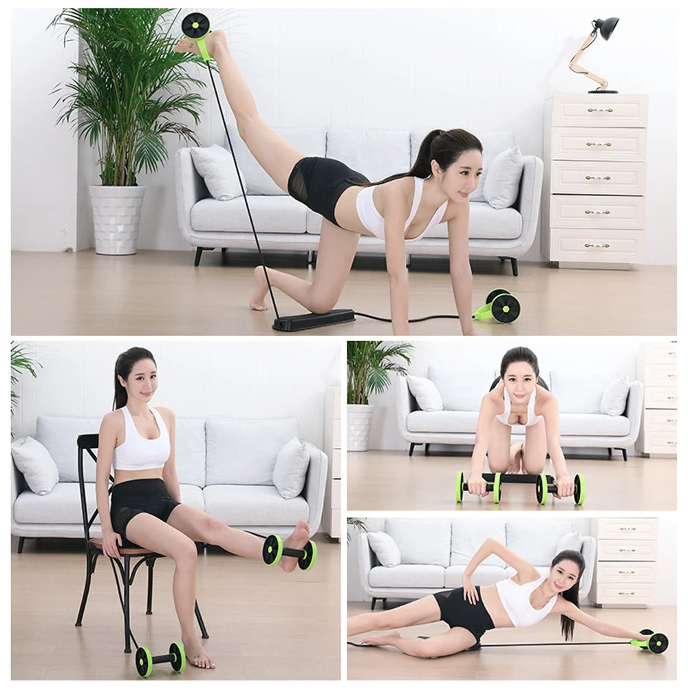 Abdominal Multifunctional Exercise Equipment Ab Wheel Double Roller with Resistance Bands Knee Mat Waist Slimming Train Home Gym