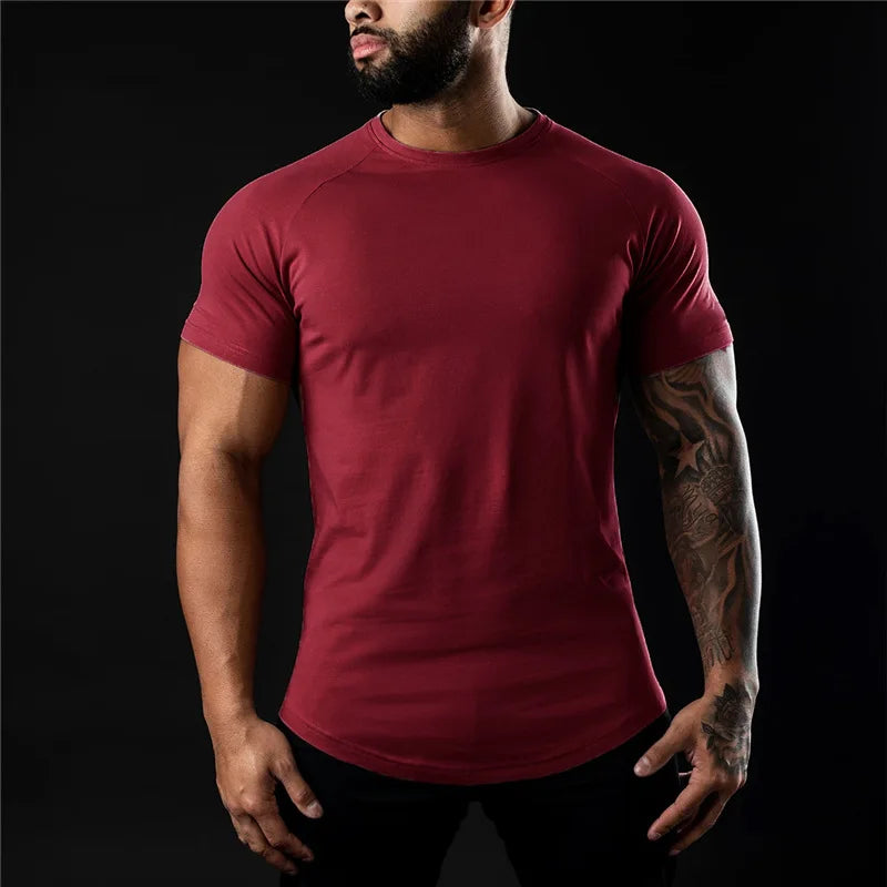 Plain Gym T-shirt Men Summer Fitness Clothing O-Neck Short Sleeve T shirt Cotton Slim Fit Tshirt Bodybuilding Workout Tees Tops